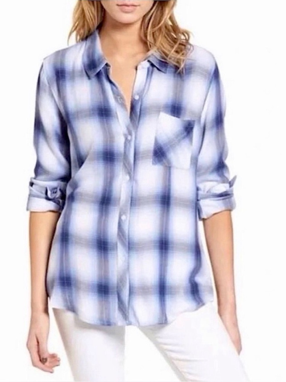 Rails Hunter Plaid Shirt S Catalina White Blue Rayon Button Down Flannel